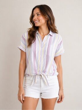 Striped Tie-Front Short Sleeve Shirt in Pastel Multi